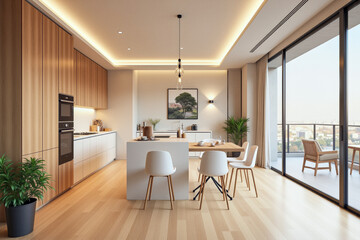 Fototapeta premium photo of a modern apartment kitchen with designer interior and furniture, luxury interior architecture design idea