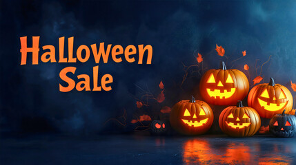 Halloween sale on a beautiful and professional business background banner, featuring a pile of haunted pumpkins on the right side, with the entire backdrop in eerie darkness.