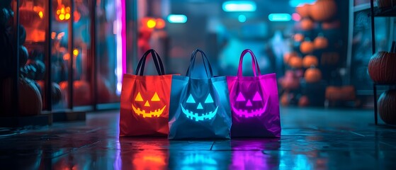 Glowing trick or treat bags with vibrant neon designs perfect for Halloween festive events  photography concept with copy space for text overlay