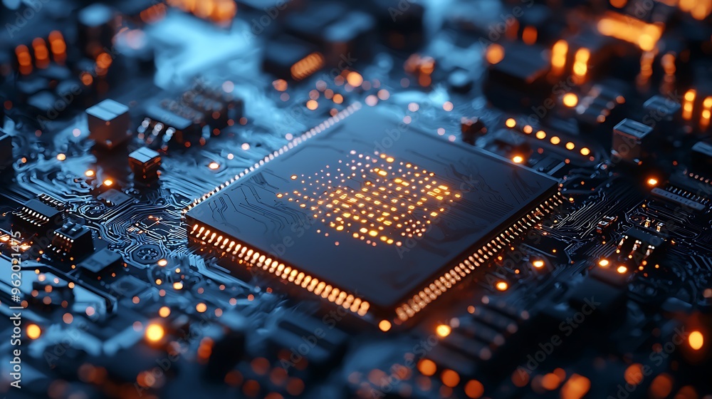Poster a close-up of a computer chip with glowing orange lights on a circuit board captures the essence of 
