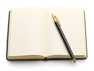Open Notebook, Ready for Inspiration: A pristine notebook lays open, its blank pages awaiting ideas, with an elegant pen poised to capture them. 