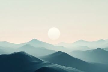 Misty Mountain Range with a White Circle in the Sky