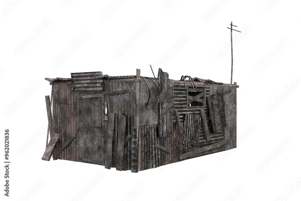 Poster Scrap metal and wooden hut building from a fantasy post apocalyptic future. Isolated 3D render..