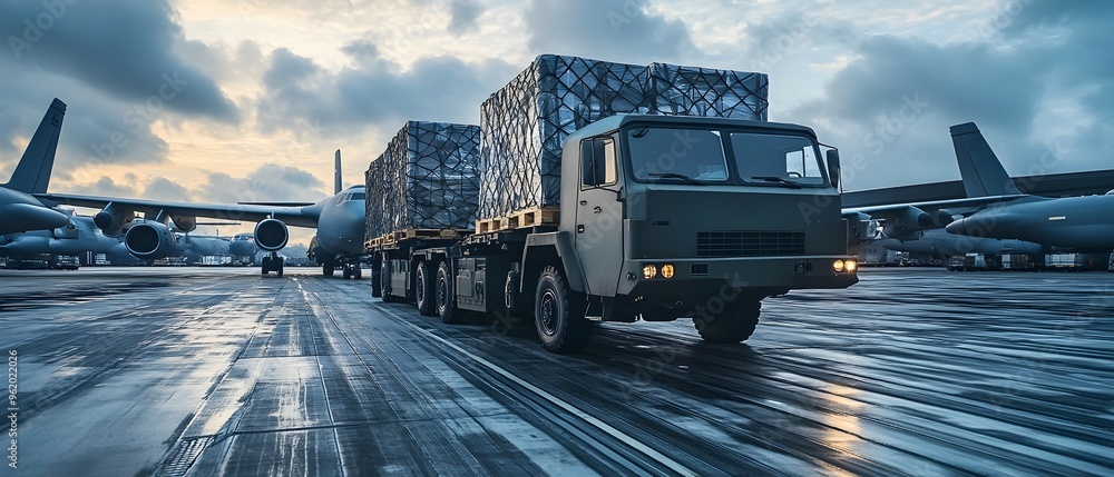 Poster visualizing the specialized processes and infrastructure for transporting military freight efficient