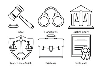 Law and Justice Icon Pack: Gavel, Handcuffs, Courthouse, Briefcase, Certificate - Perfect for Legal Apps and Designs
