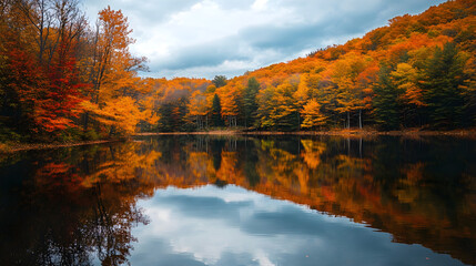 Obraz premium Golden Autumn Trees Reflecting Perfectly in a Tranquil Lake
