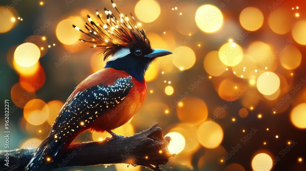 Poster Close-up of a striking bird with elaborate feather details, perched on a branch, with a background of abstract lights creating a captivating and artistic ambiance.