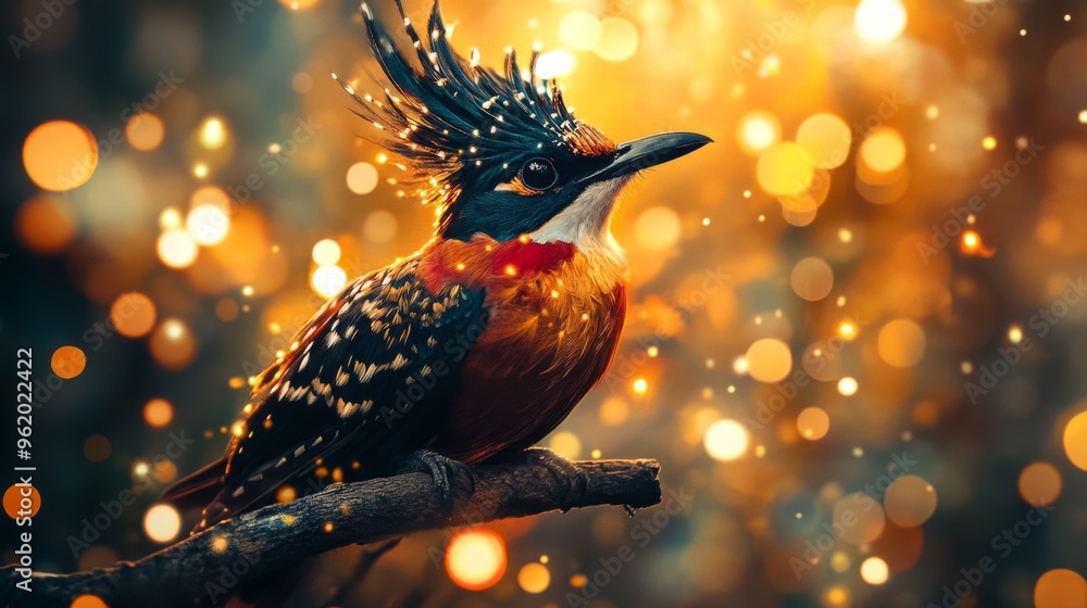 Poster Close-up of a striking bird with elaborate feather details, perched on a branch, with a background of abstract lights creating a captivating and artistic ambiance.