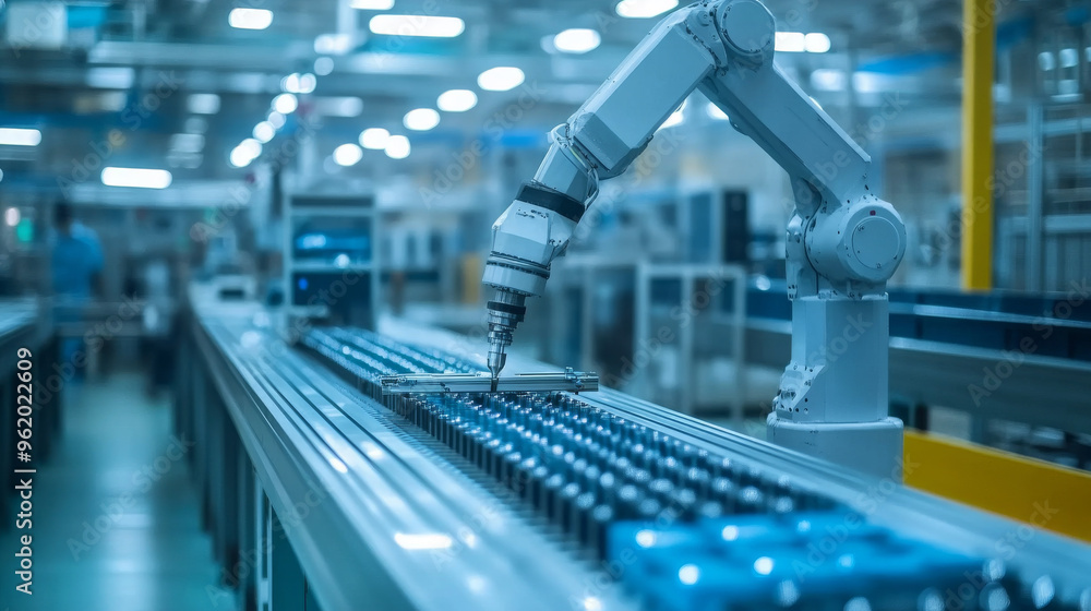 Poster a robot arm works on a conveyor belt in a factory. this automated system helps build machines effici