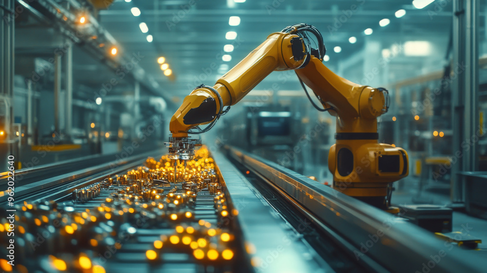 Poster a robot arm works on a conveyor belt in a factory. this automated system helps build machines effici