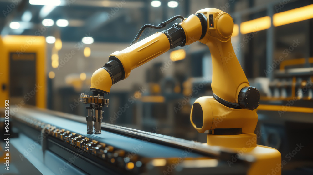 Poster a robot arm works on a conveyor belt in a factory. this automated system helps build machines effici
