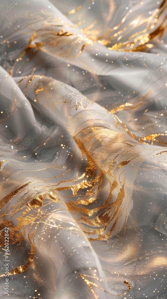 Poster swirling patterns of gray and gold create an elegant abstract design with shimmering details