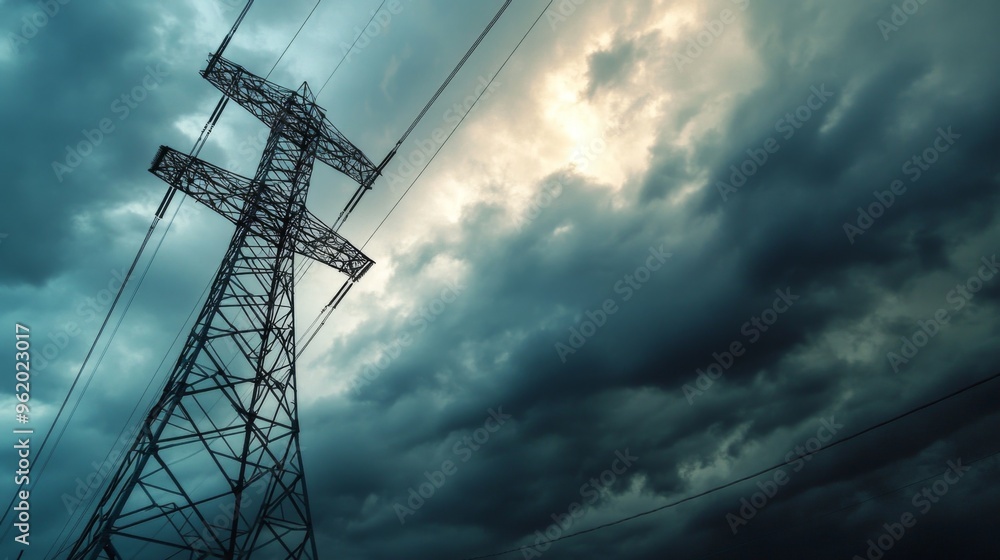 Poster close-up of a tall transmission tower with power lines, set against a dramatic cloudy sky, showcasin
