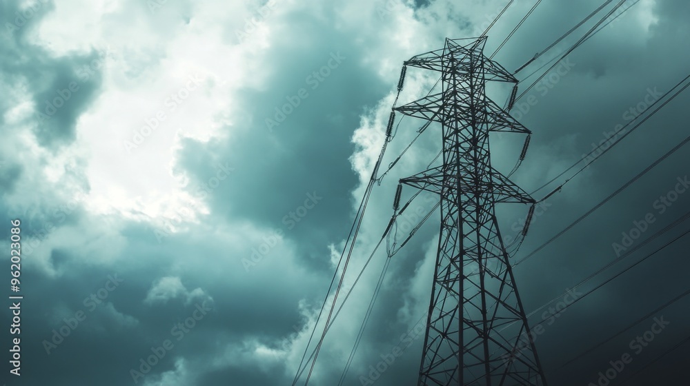 Poster close-up of a tall transmission tower with power lines, set against a dramatic cloudy sky, showcasin