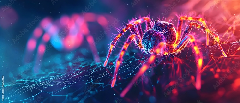Poster Neon Spiders Weaving Glow in the Dark Webs Fantasy Concept with Vibrant Colorful Lighting and Intricate Abstract Patterns  Hypnotic Ethereal and Captivating Digital Artwork or