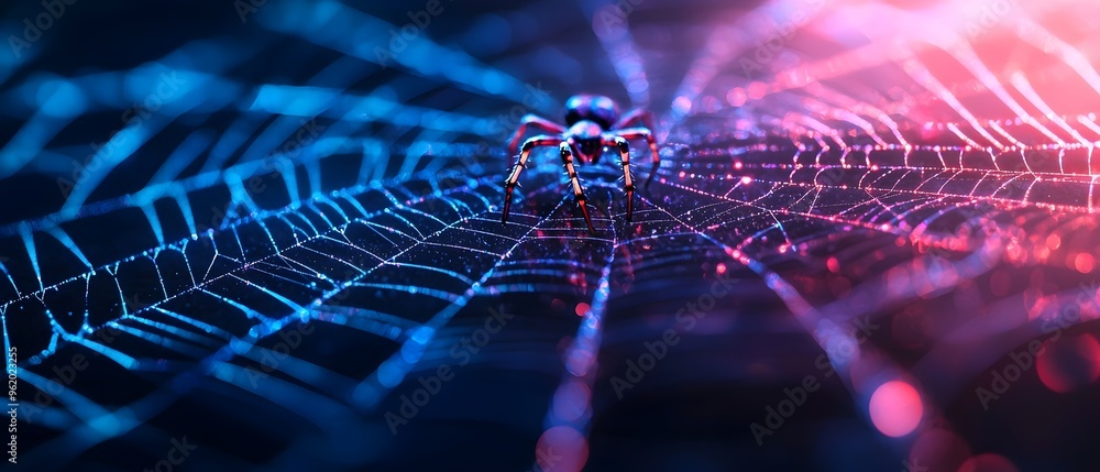 Poster neon spiders weaving glow in the dark webs in a captivating futuristic photography concept with copy