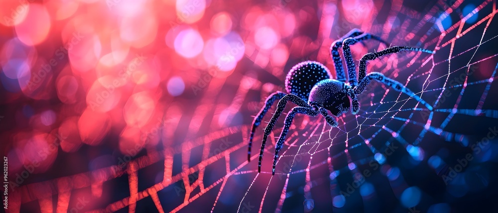 Poster neon spiders weaving intricate glowing webs in the dark a captivating and surreal photography concep