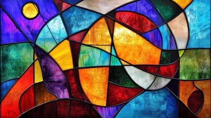 Fototapeta premium Vibrant Stained Glass Artistry with Bold Geometric Shapes and Energetic Color Palette