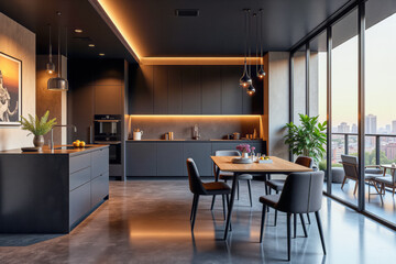 Fototapeta premium photo of a modern apartment kitchen with designer interior and furniture, luxury interior architecture design idea