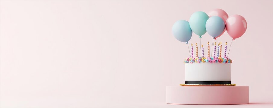 Podium with a minimalist geometric birthday cake and balloons, abstract design, 3D render, modern art-inspired scene
