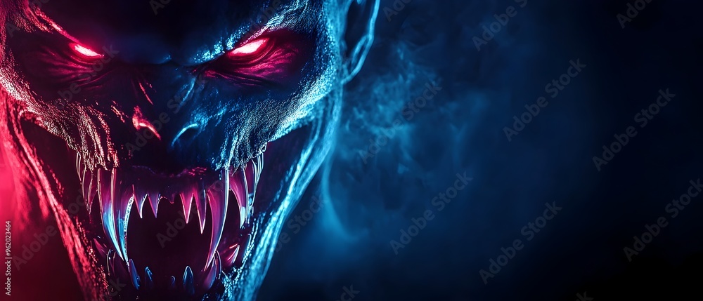Poster rendering of a terrifying neon vampire creature with glowing fangs lurking in the dark creating an o