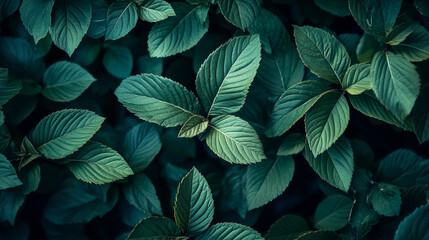 The dark green leaves of a plant in a garden are a beautiful part of nature. They can be used as a background for a page or as wallpaper, showing the natural beauty of plants and the environment.