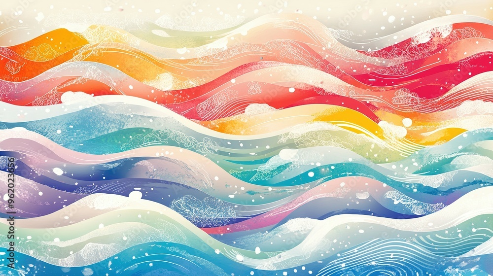 Canvas Prints Abstract Watercolor Painting of Wavy Lines and Floral Patterns in a Rainbow of Colors