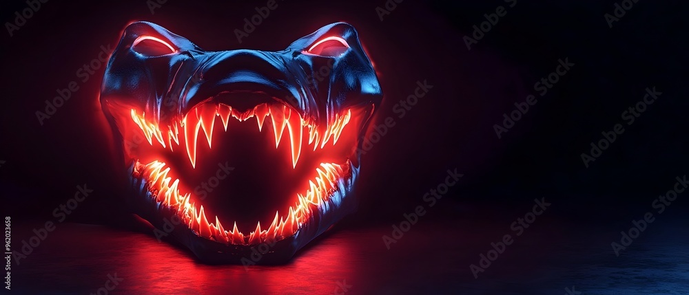 Poster neon vampire fangs glowing menacingly in the darkness a conceptual image showcasing the intense and 