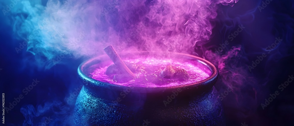 Poster neon colored witches stirring a bubbling glow in the dark cauldron in a fantasy photography concept 