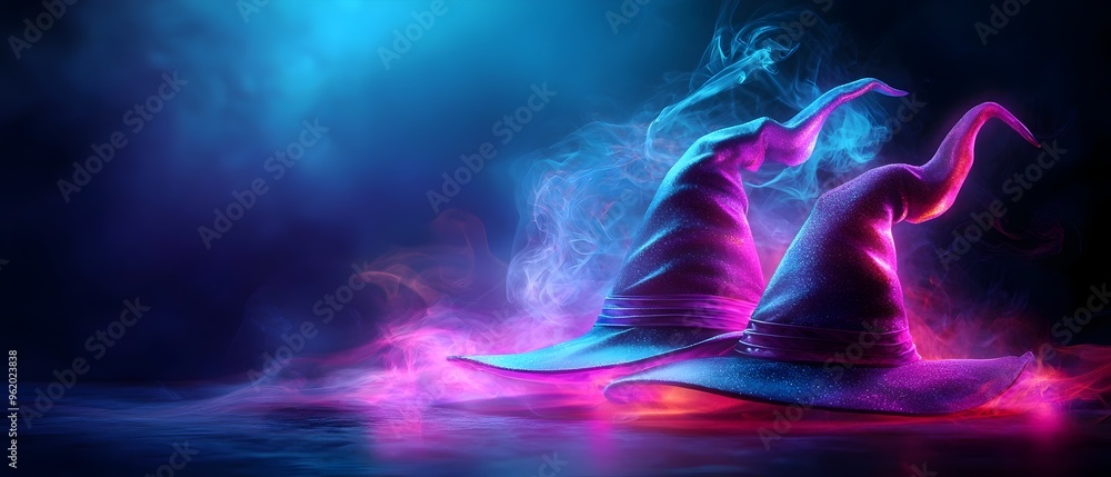 Poster glowing neon witches hats floating in a captivating dark and mystical photographic concept with vibr