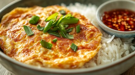 Close-up of a Thai-style omelette with golden, crispy edges, served atop a bowl of rice, with a small dish of chili sauce on the side.