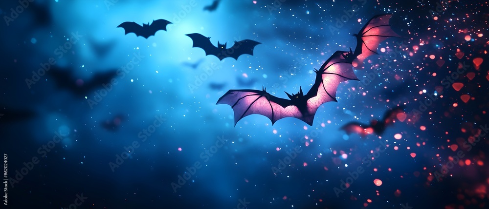 Poster captivating image of a swarm of glow in the dark bats with neon wings soaring and swooping through t