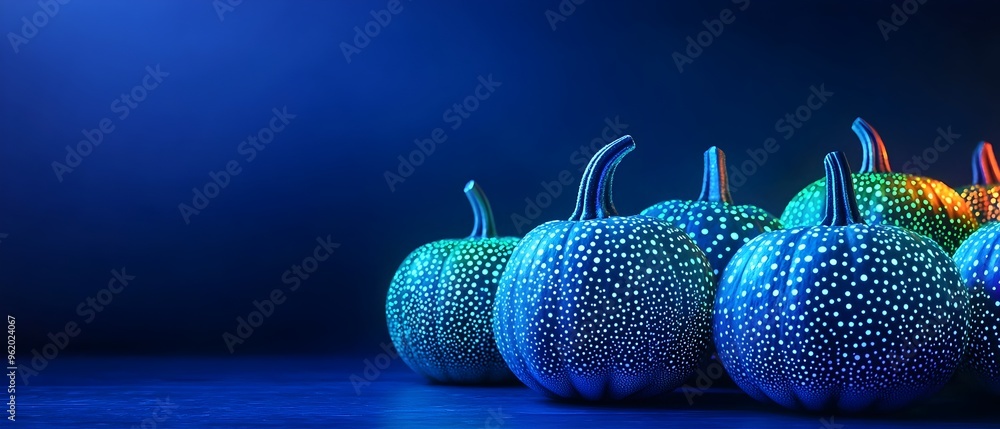 Poster Glowing pumpkins with neon patterns in a photography concept  The pumpkins are illuminated with a vibrant blue and orange glow creating a striking and display against a dark background