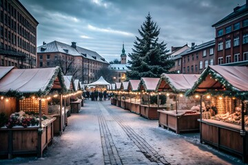 Obraz premium Empty Winter Market Stalls