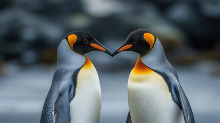 A pair of penguins touching beaks, creating a heart shape with their heads