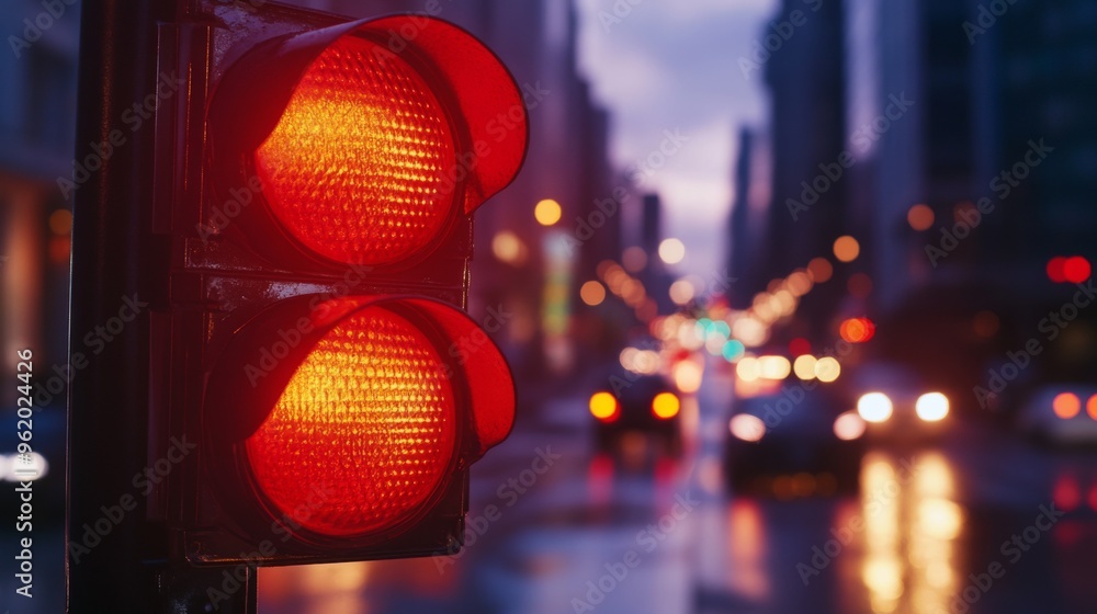 Aufkleber Close-up of a traffic light showing the red signal, with clear details of the light's casing and the illuminated color against a city backdrop.