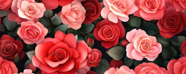 Naklejka premium A vibrant display of blooming roses in various shades of pink and red, perfect for floral backgrounds or romantic themes.
