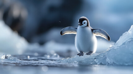 Fototapeta premium A cute penguin chick flapping its tiny wings as it tries to balance on a slippery ice patch