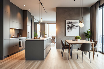 Fototapeta premium photo of a modern apartment kitchen with designer interior and furniture, luxury interior architecture design idea
