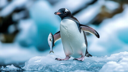 Fototapeta premium A penguin holding a small fish in its beak, proudly standing on the ice