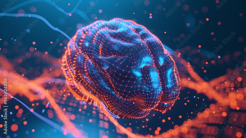 Poster this image presents a detailed neural brain structure, highlighted with dynamic red and blue connect