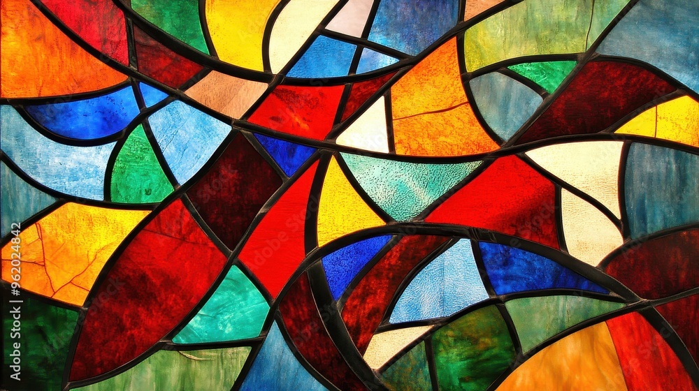 Poster vibrant stained glass abstract with intricate overlapping shapes and dynamic colors