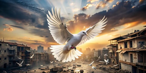 Hope Soars Above War-Torn City, White Dove, Sunset, Urban Landscape, Peace Symbol, War, Hope