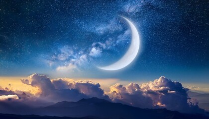 Serene Night Sky with Bright Crescent Moon Above Dramatic Cloudscape Under Starry Sky, Perfect for Relaxation and Tranquility Themes