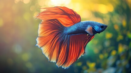 Fototapeta premium Close-up of a vibrant Betta fish with flowing fins and bright colors, swimming gracefully in a clear, well-lit aquarium with a natural background.