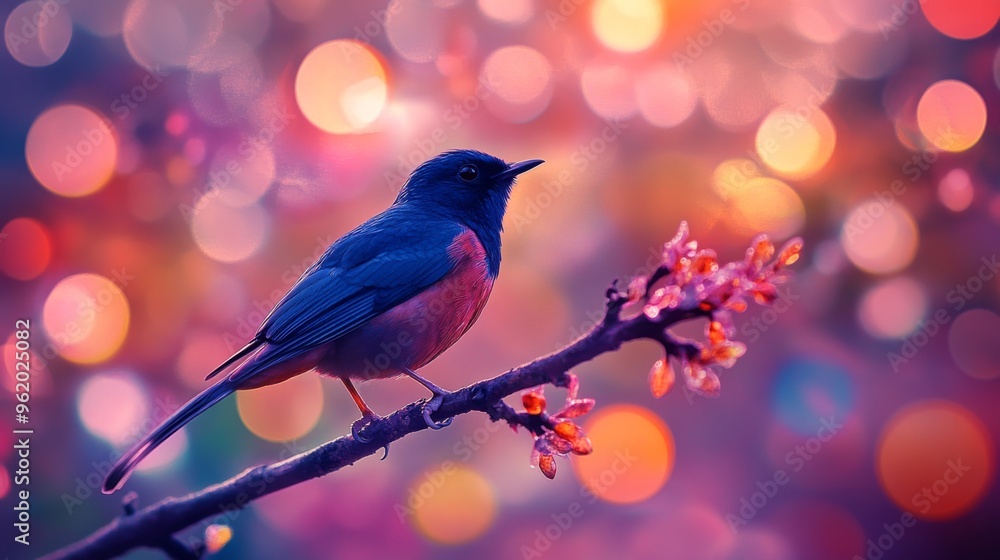 Poster Close-up of a vibrant bird perched on a branch, with a stunning, blurred background of colorful lights and bokeh effects creating a magical atmosphere.