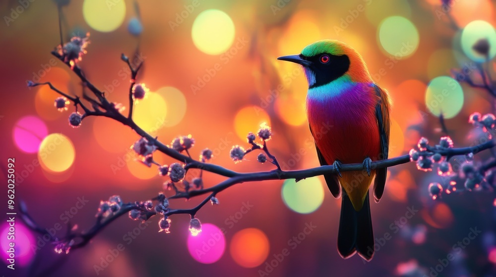 Poster Close-up of a vibrant bird perched on a branch, with a stunning, blurred background of colorful lights and bokeh effects creating a magical atmosphere.