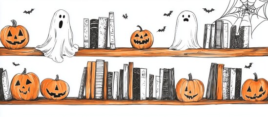 Fototapeta premium alloween bookshelf with pumpkins, spider webs and ghosts 