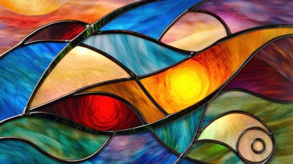Radiant Sunset: Abstract Stained Glass Design with Swirling Lines and Vibrant Colors