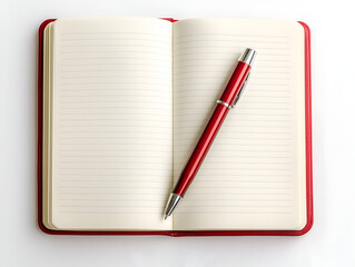 Open to Inspiration: A sleek red notebook lies open, its crisp pages awaiting ideas, accompanied by an elegant red pen, poised for writing. 